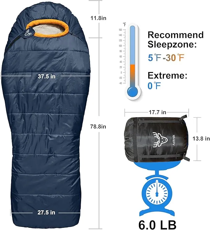 0 Degree Mummy Sleeping Bags for Adults Camping | XXL Big and Tall 3-4 Season Warm Cool | Cold Weather Winter Sleeping Bag w. Compression Sack Youth | Side Sleeper Friendly