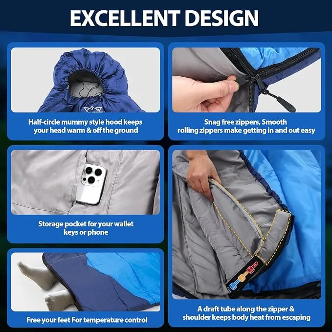 0 Degree Winter Sleeping Bags for Adults, Cold Weather Portable Lightweight 3-4 Season Camping Sleeping Bags for Kids Girls Boys with Draft Tubes, 33.5in Wide Fits up to 6ft 6in Tall