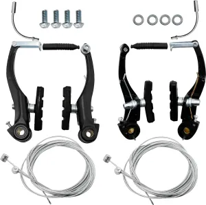 2 Pairs Bike Brake Set, Universal Complete V Bike Brakes Set for Most Mountain Bicycle, Including Road Bike Brakes Cables, Front Back Wheels End Caps,End Ferrules-Black