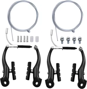 2 Pairs Bike Brakes, Universal Complete V Bike Brakes Set, Mountain Bike Replacement for Most Bicycle,Road Bike Brakes Cables with Front Back Wheels End Caps,End Ferrules -Black