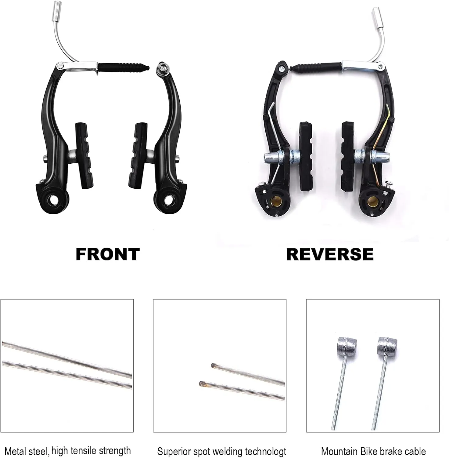 2 Pairs Bike Brakes, Universal Complete V Bike Brakes Set, Mountain Bike Replacement for Most Bicycle,Road Bike Brakes Cables with Front Back Wheels End Caps,End Ferrules -Black