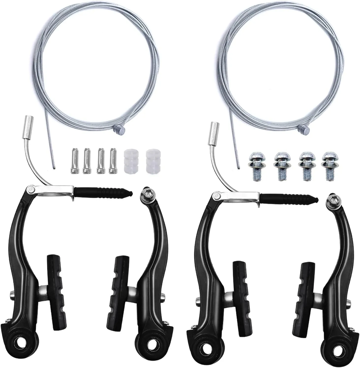 2 Pairs Bike Brakes, Universal Complete V Bike Brakes Set, Mountain Bike Replacement for Most Bicycle,Road Bike Brakes Cables with Front Back Wheels End Caps,End Ferrules -Black