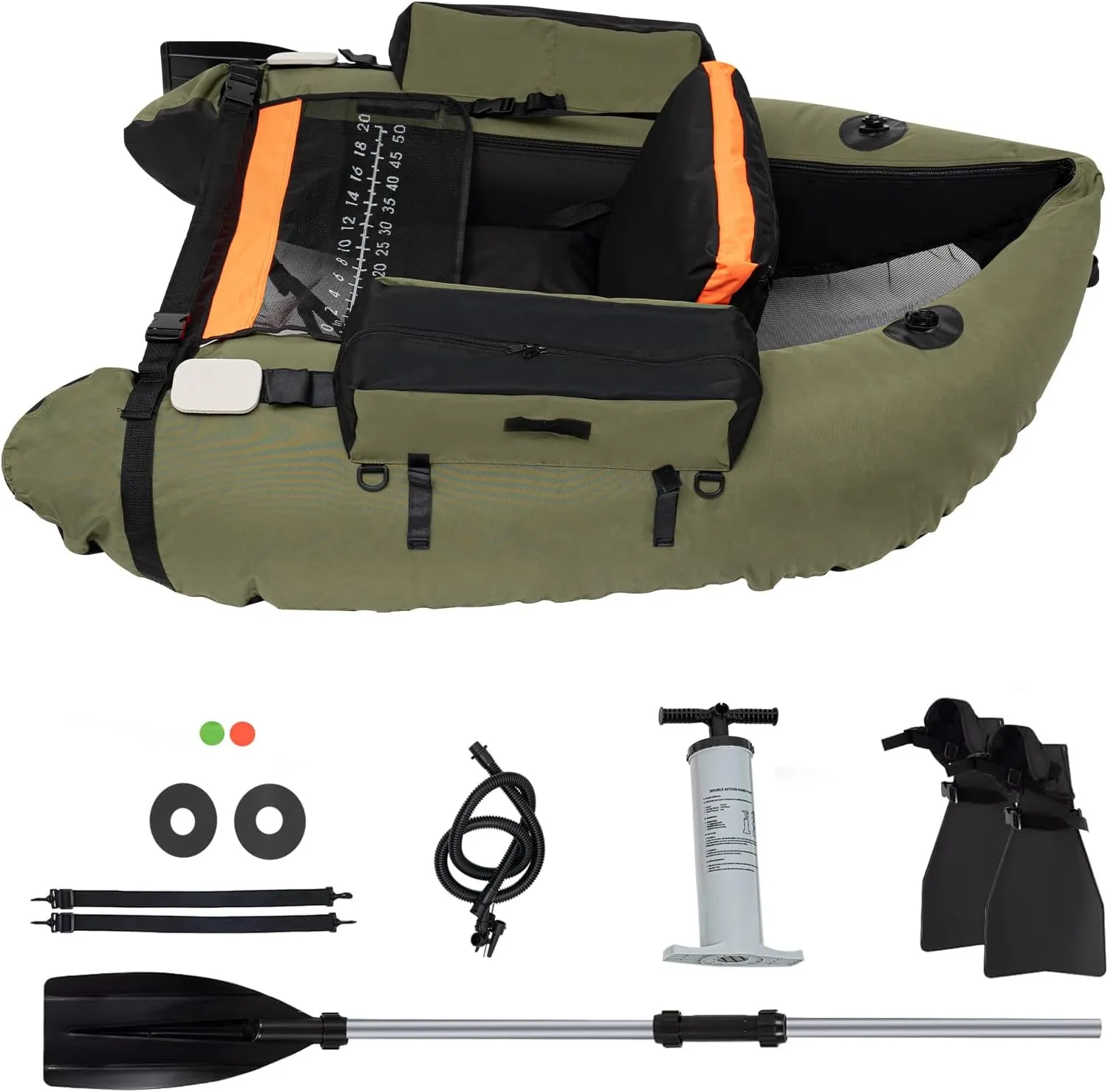 286lbs Inflatable Fishing Boat Durable Belly Boat,Inflatable Float Tube with Oar|Fish Ruler|Pump|Storage Pockets|Repair Tools|Adjustable Straps|Fin for Fishing Rafting,53.5 * 41.3 * 21in