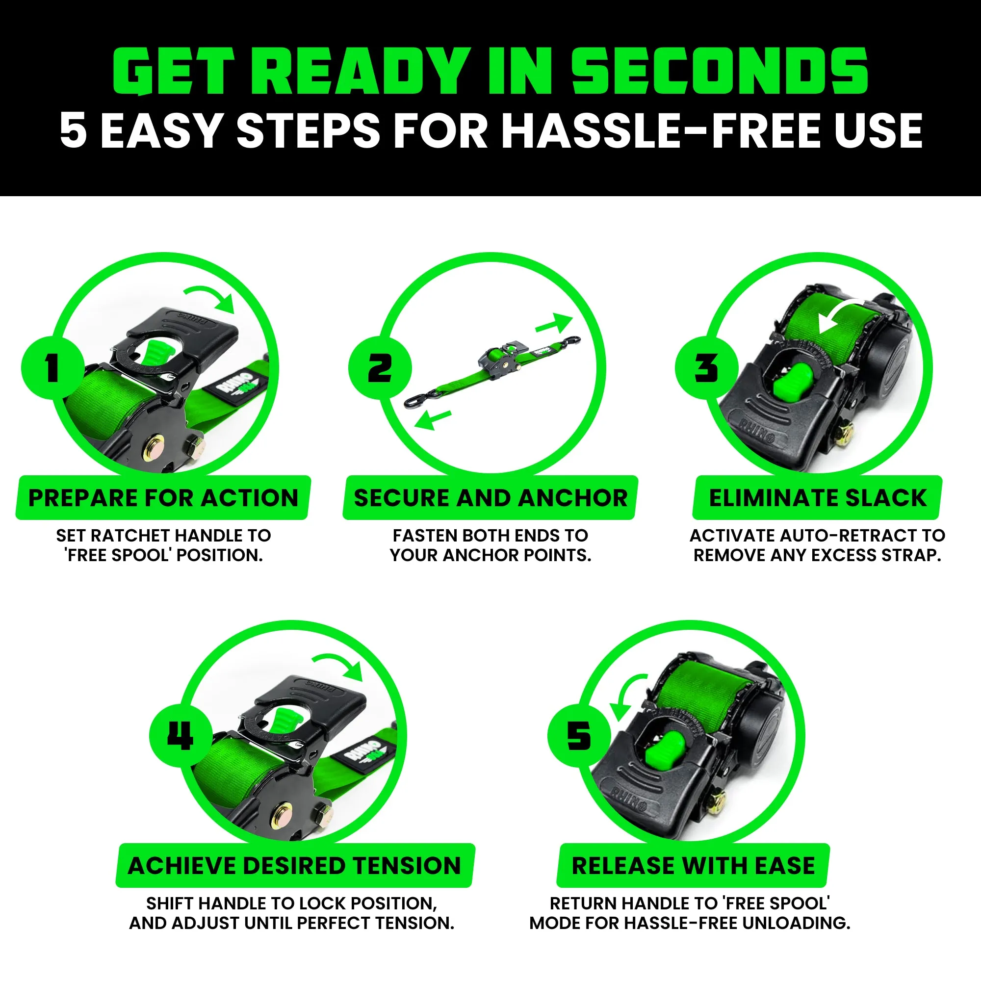 2" x 10' Retractable Ratchet Straps