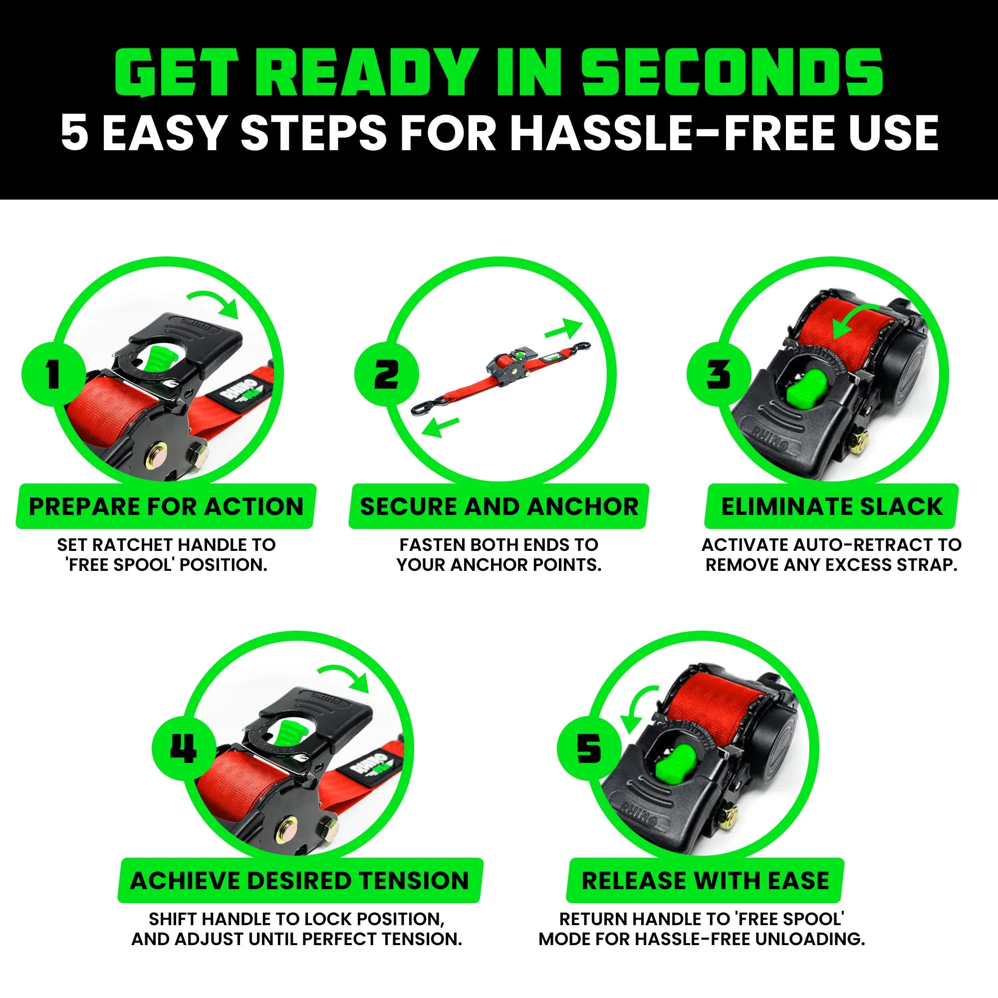 2" x 10' Retractable Ratchet Straps