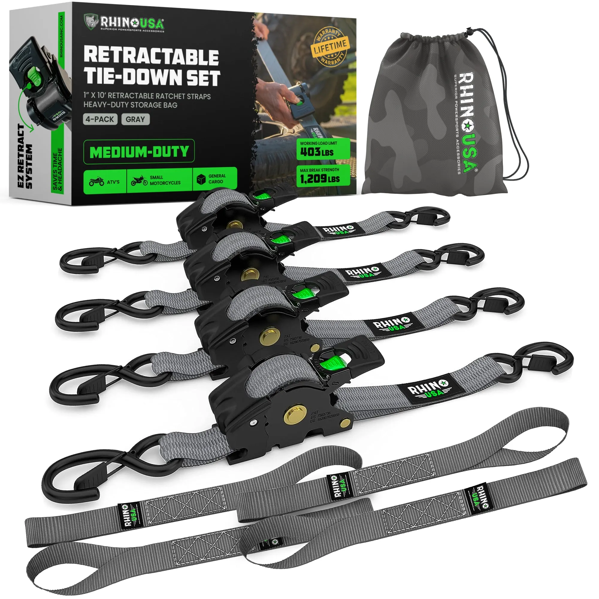 2" x 10' Retractable Ratchet Straps