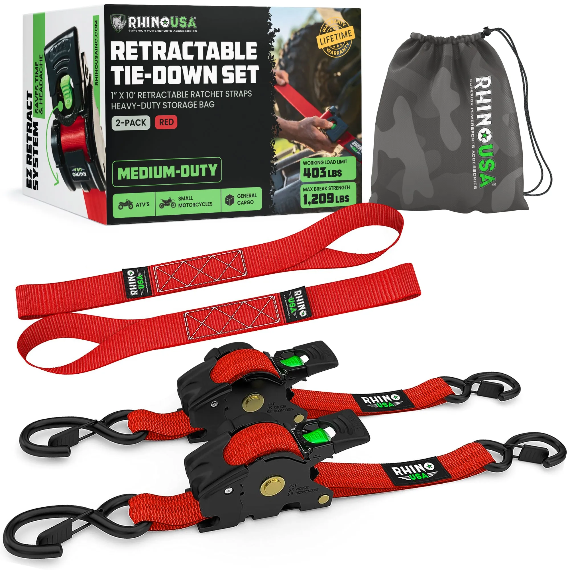 2" x 10' Retractable Ratchet Straps