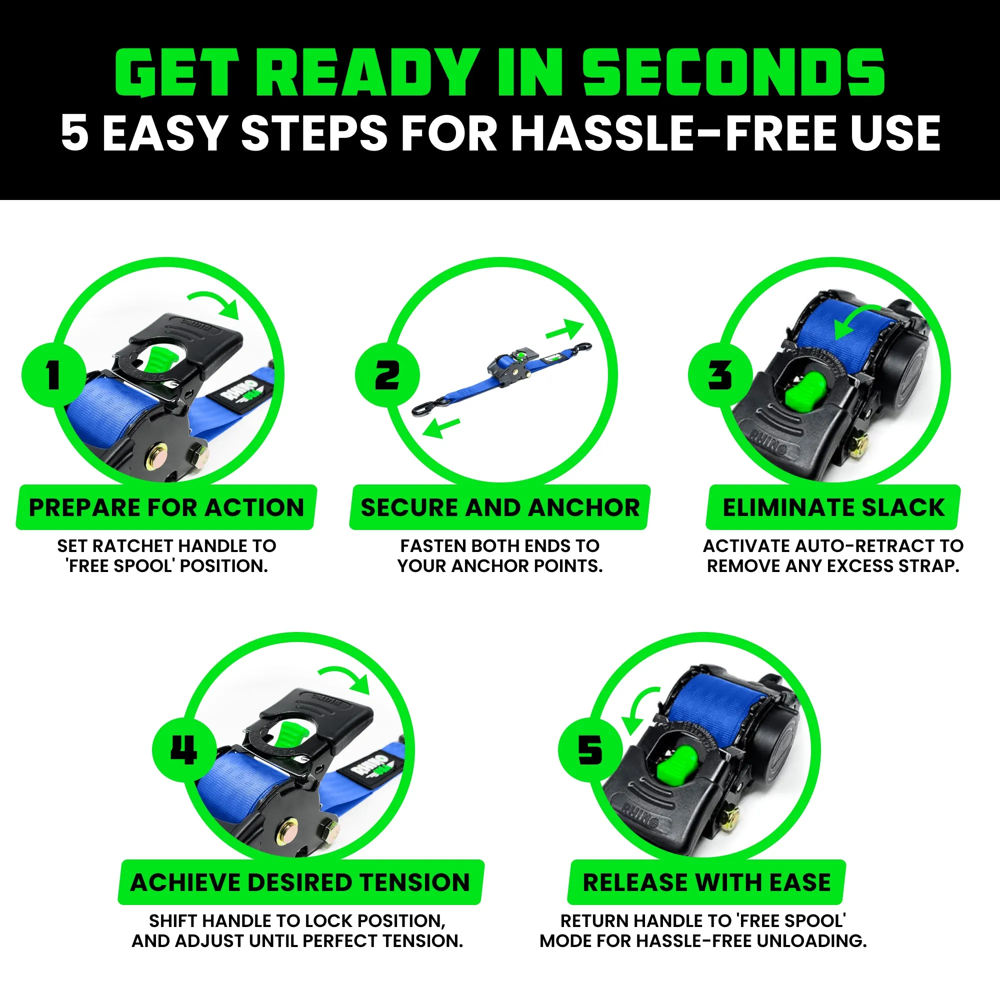 2" x 10' Retractable Ratchet Straps