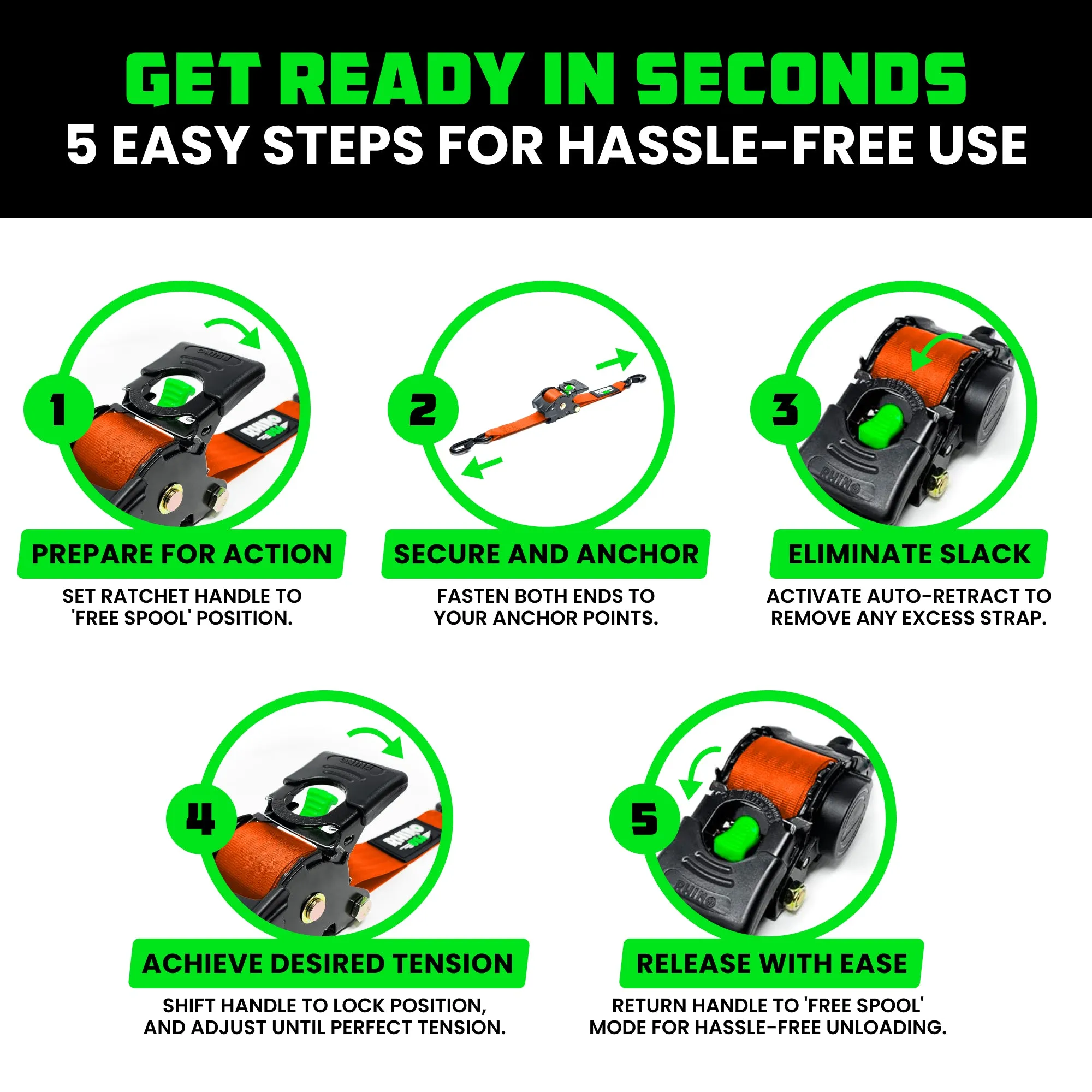 2" x 10' Retractable Ratchet Straps