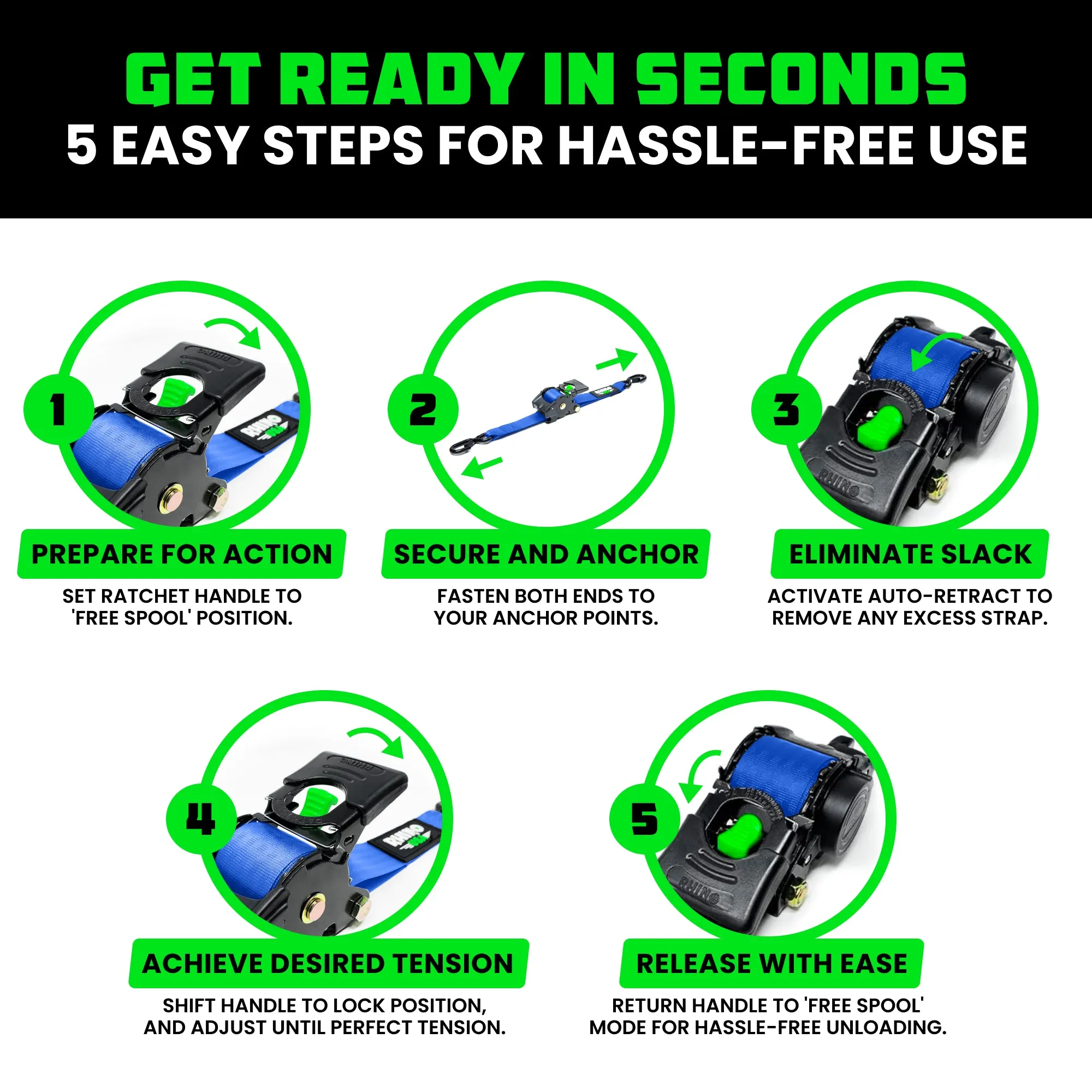 2" x 10' Retractable Ratchet Straps