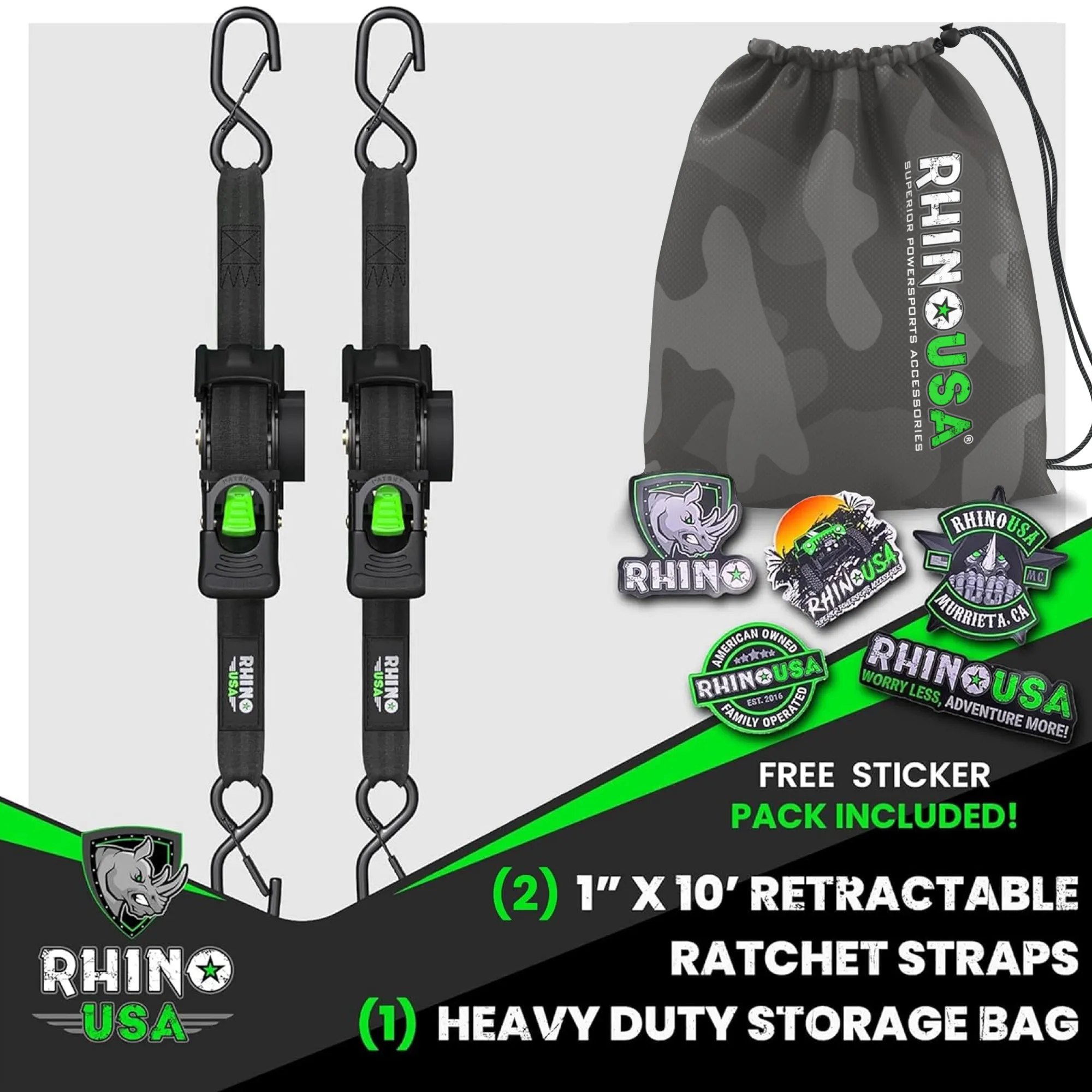 2" x 10' Retractable Ratchet Straps