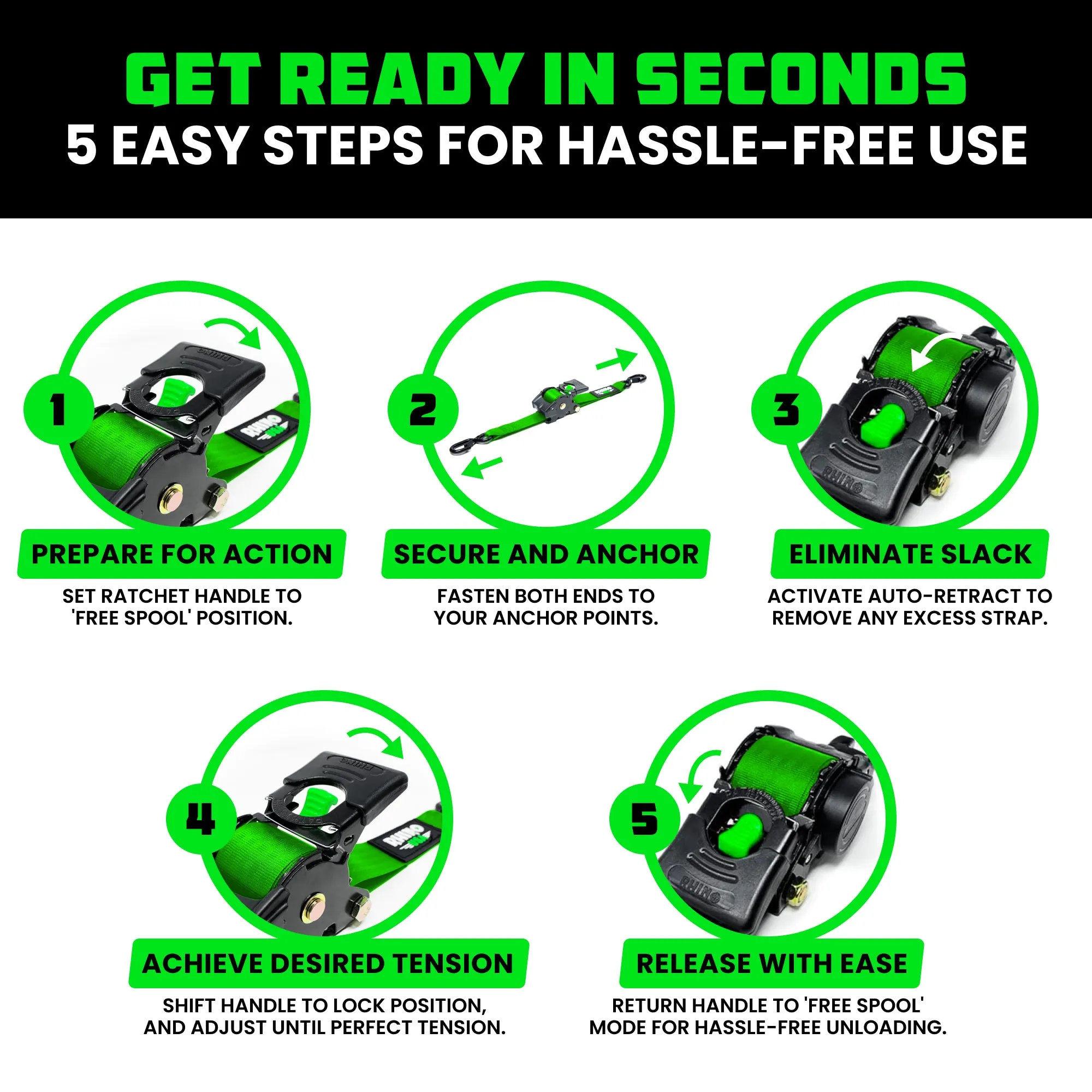 2" x 10' Retractable Ratchet Straps