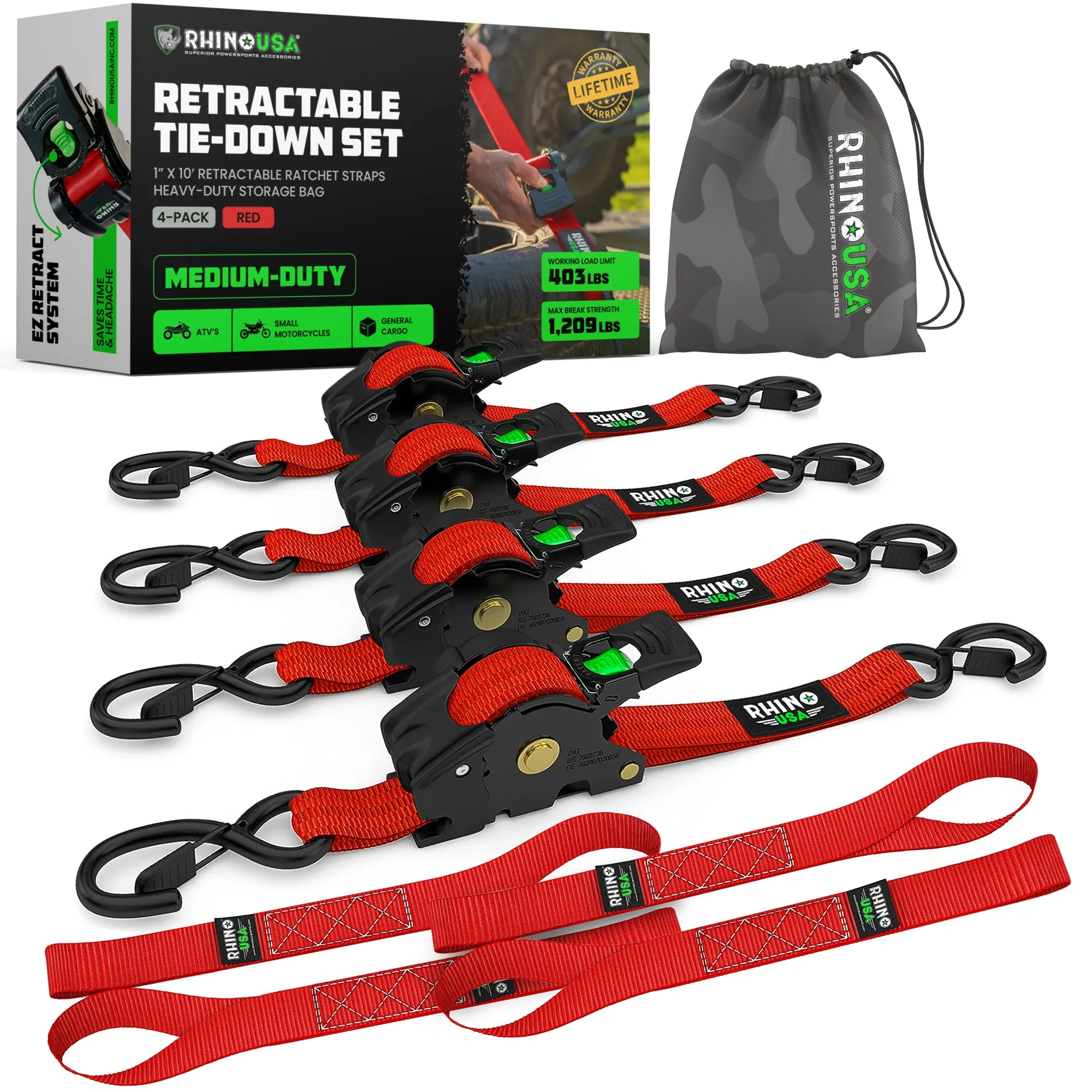 2" x 10' Retractable Ratchet Straps
