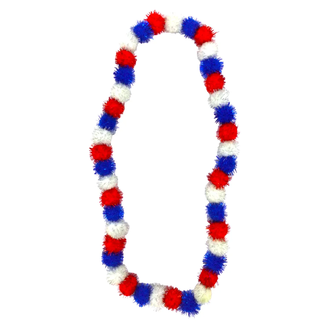 42" Red, White, and Blue Tinsel Pom Pom Necklace (Each)
