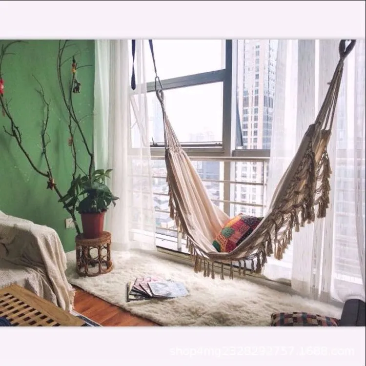 Camping Hammock Outdoor Swing Double Thick Canvas Handmade Tassel Anti-Rollover
