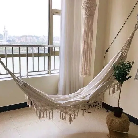 Camping Hammock Outdoor Swing Double Thick Canvas Handmade Tassel Anti-Rollover