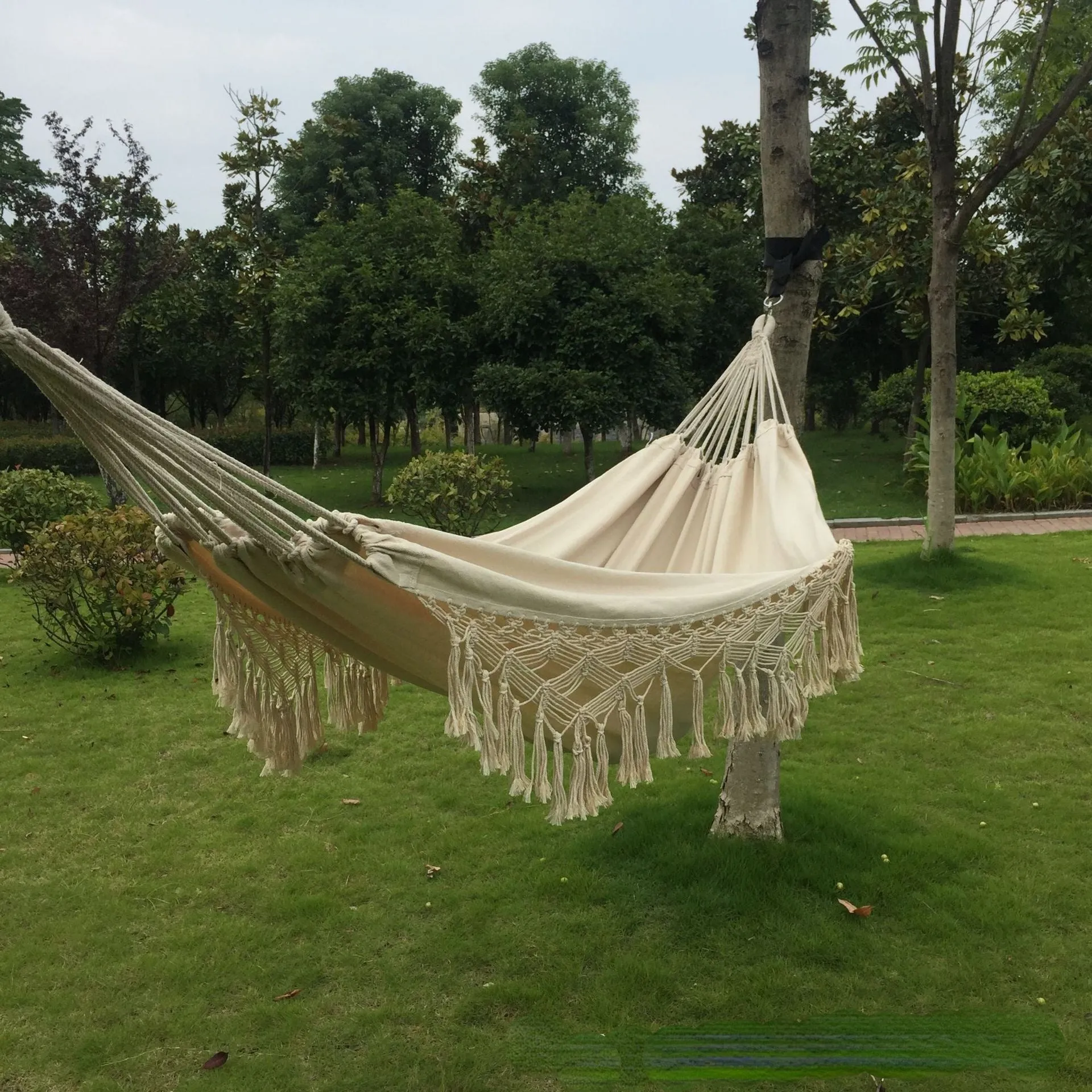 Camping Hammock Outdoor Swing Double Thick Canvas Handmade Tassel Anti-Rollover