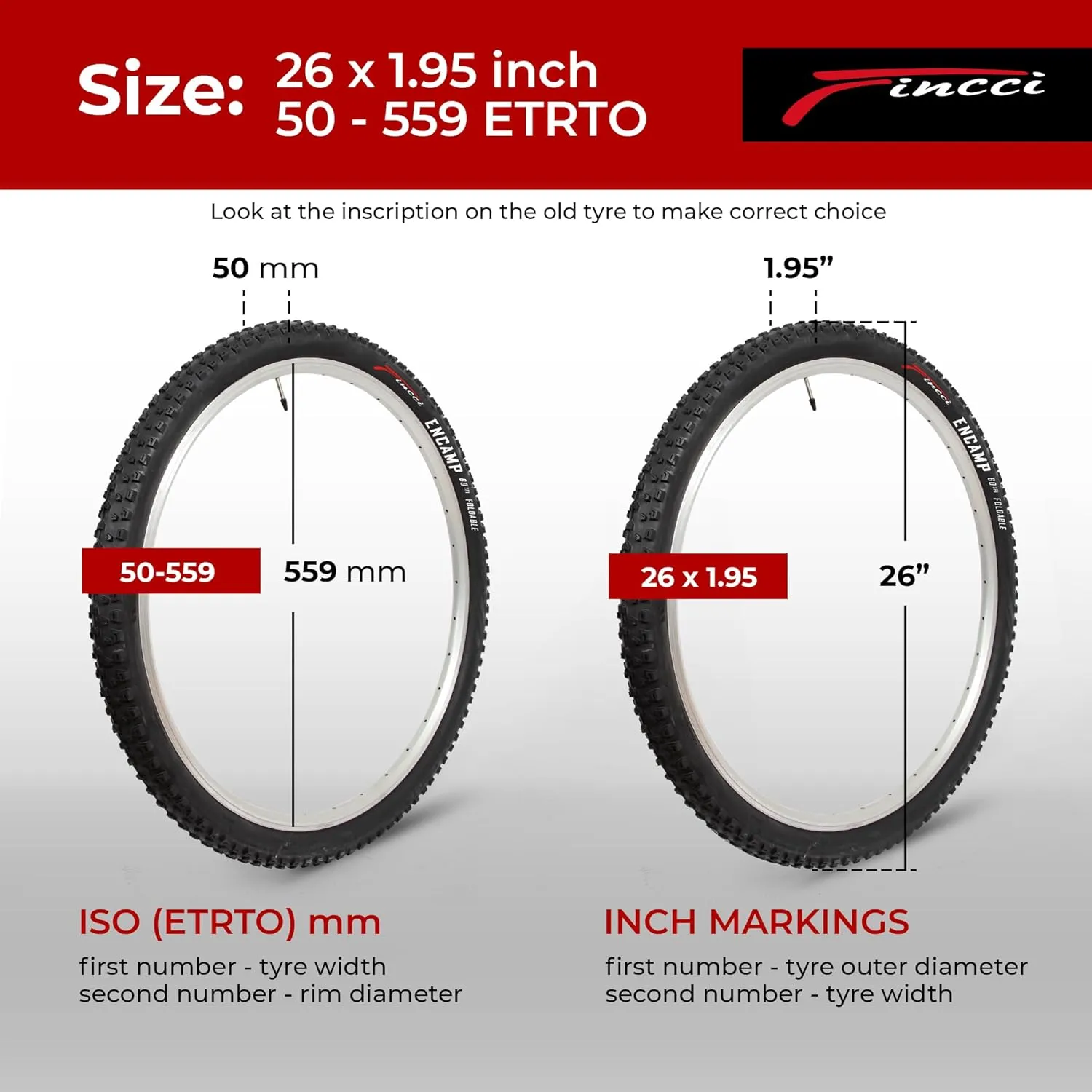 Fincci 26x1.95 Bike Tire Foldable 26 x 1.95 Bike Tire Inch 50-559 for Road Mountain MTB Mud Dirt Offroad Bicycle