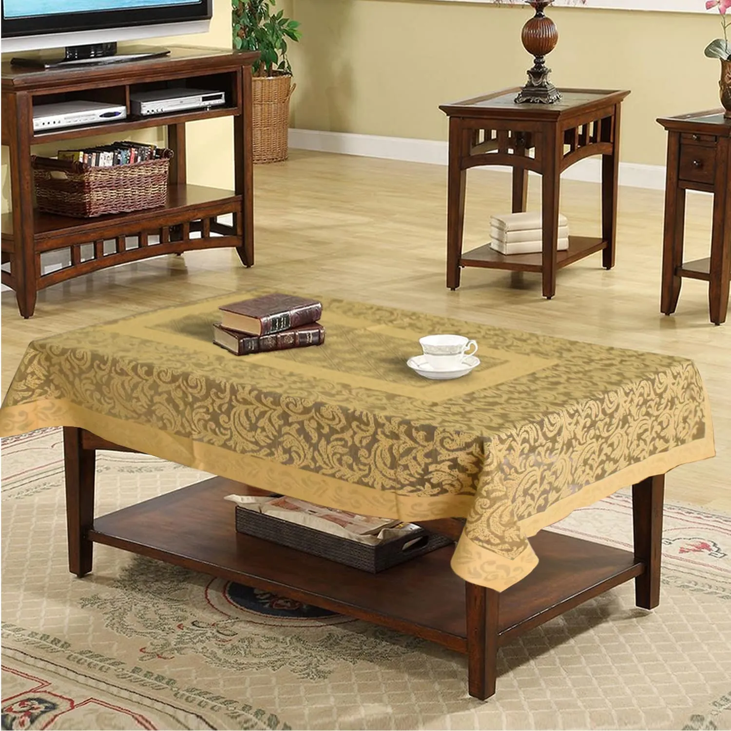 Heart Home Leaf Design Cotton Center Table Cover/Table Cloth for Home Decorative Luxurious 4 Seater, 60"x40" (Golden)