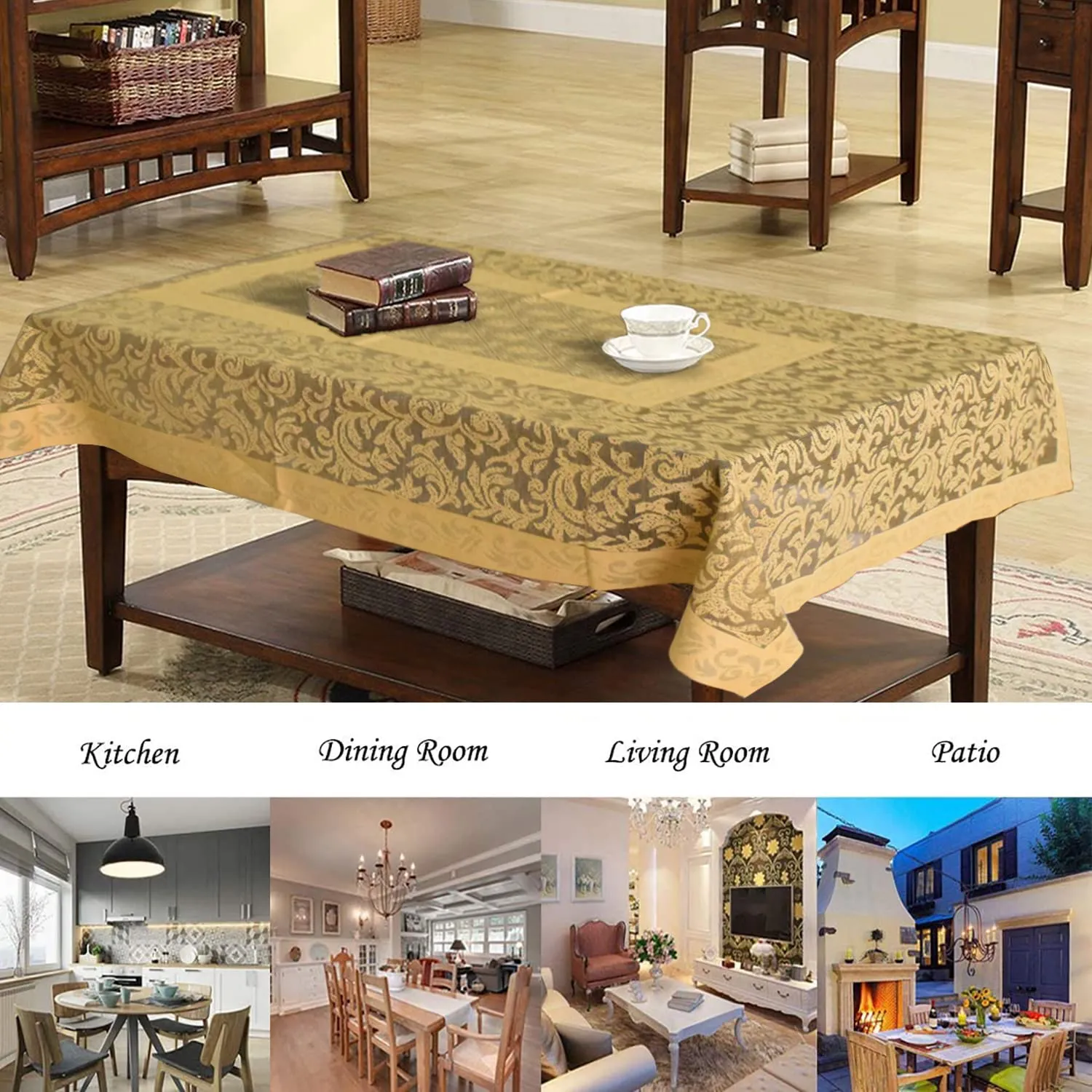 Heart Home Leaf Design Cotton Center Table Cover/Table Cloth for Home Decorative Luxurious 4 Seater, 60"x40" (Golden)