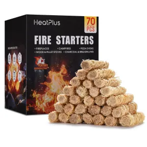 Heatplus Fire Starter -70 Pcs Fire Starters for Campfires, Fireplace, Grill, Wood & Pellet Stove, Fire Pit, BBQ, Survival, ooni Pizza Ovens, Water Resistant and Odorless Safe for Indoor/Outdoor Use