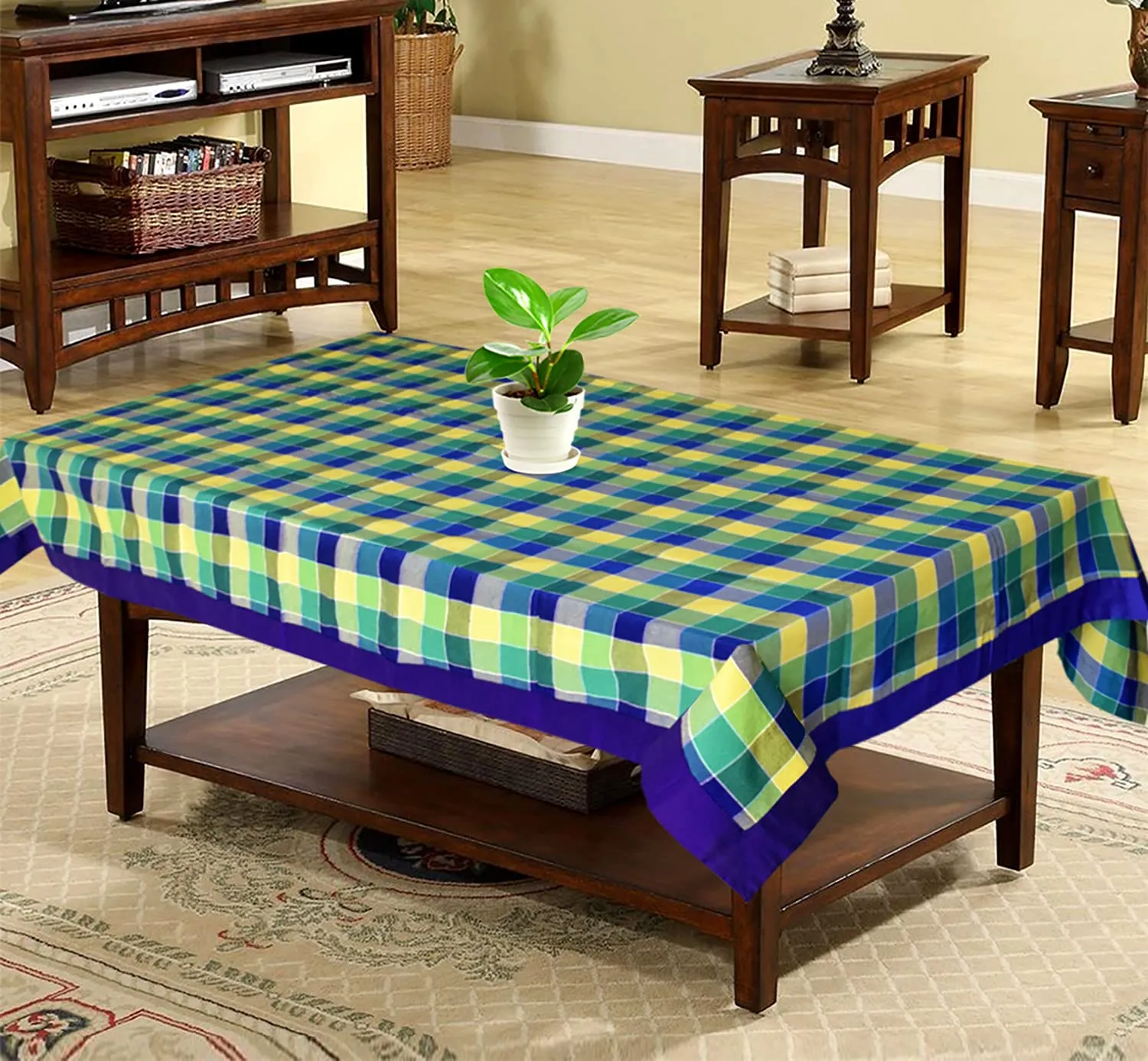 Kuber Industries Check Print Cotton Center Table Cover/Table Cloth for Home Decorative Luxurious 4 Seater, 60"x40" (Green) 54KM4257