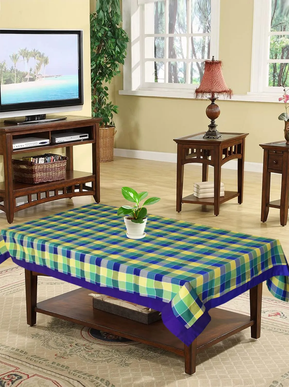 Kuber Industries Check Print Cotton Center Table Cover/Table Cloth for Home Decorative Luxurious 4 Seater, 60"x40" (Green) 54KM4257