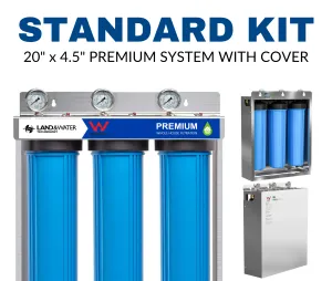 Land & Water 3-Stage Complete Home Water Filtration Premium System 20" x 4.5" with SS Cover, Frame & Standard Cartridge Kit