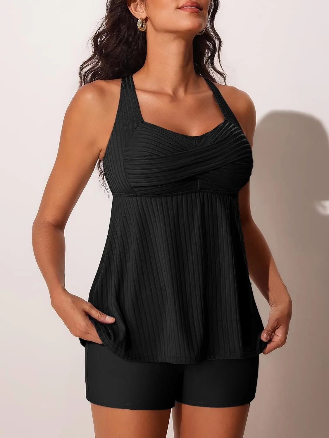 MiYang Tankini Swimsuits for Women 2025 Tummy Control Modest Flowy Two Piece Bathing Suits Top with Pockets Shorts