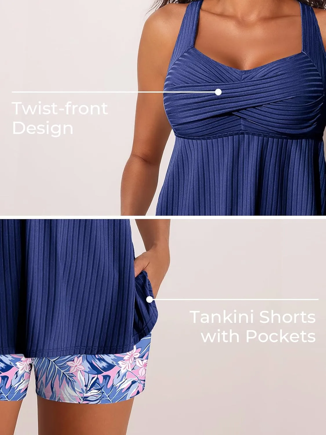 MiYang Tankini Swimsuits for Women 2025 Tummy Control Modest Flowy Two Piece Bathing Suits Top with Pockets Shorts