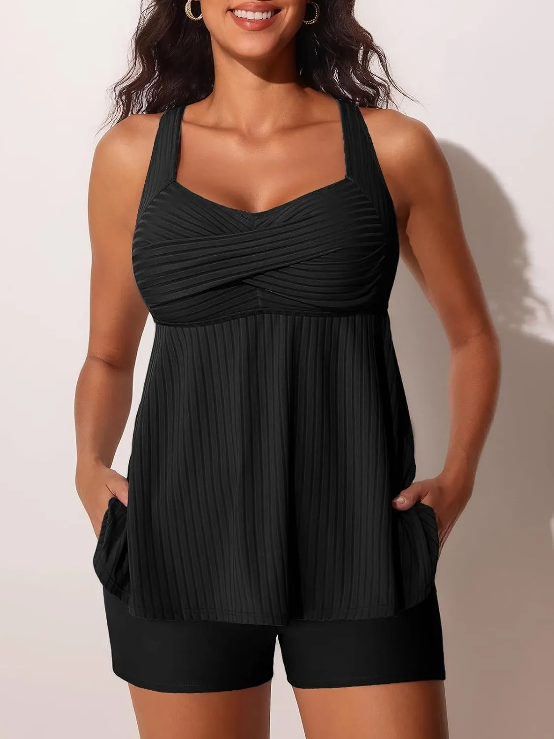MiYang Tankini Swimsuits for Women 2025 Tummy Control Modest Flowy Two Piece Bathing Suits Top with Pockets Shorts