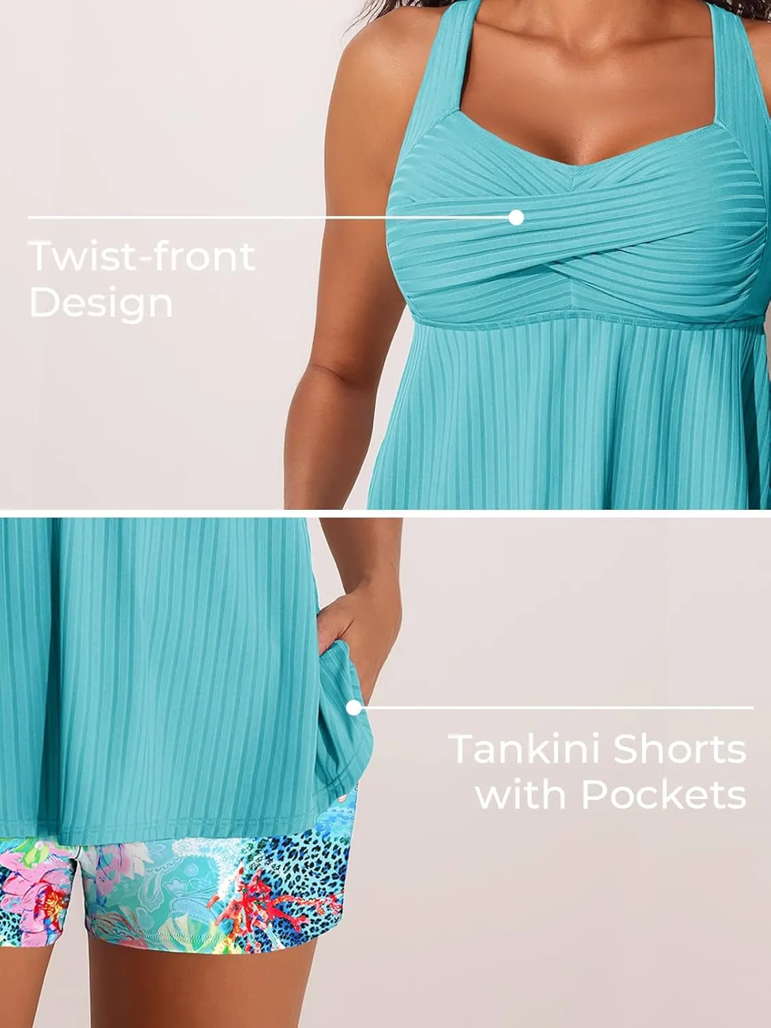 MiYang Tankini Swimsuits for Women 2025 Tummy Control Modest Flowy Two Piece Bathing Suits Top with Pockets Shorts
