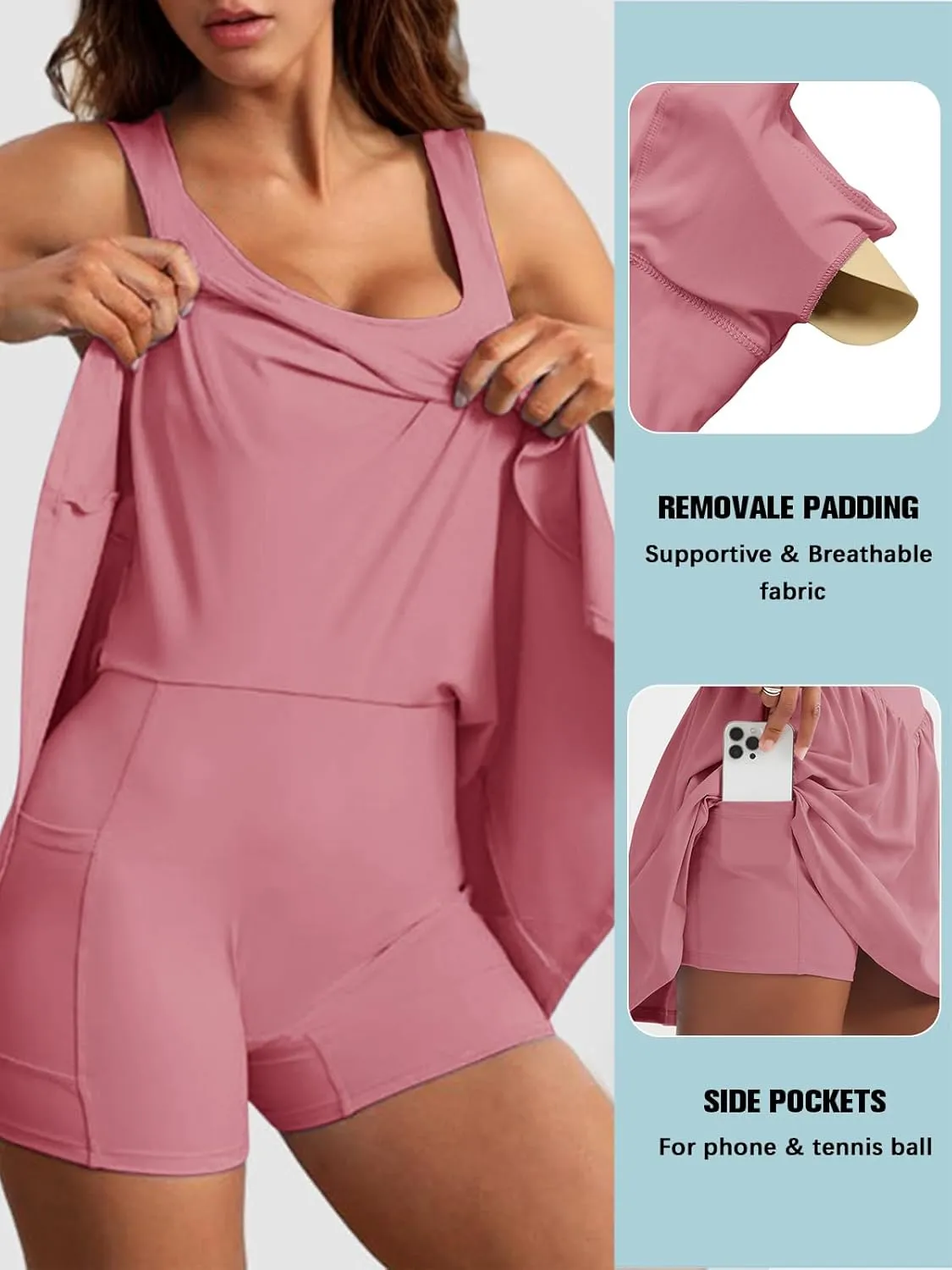 Sexyasasii Women's Summer Athletic Tennis Dress with Built in Shorts and Bra Square Neck Workout Exercise Active Golf Dresses