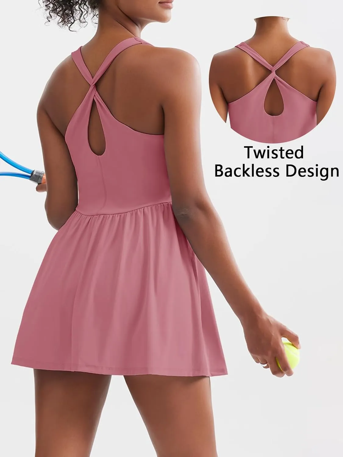 Sexyasasii Women's Summer Athletic Tennis Dress with Built in Shorts and Bra Square Neck Workout Exercise Active Golf Dresses