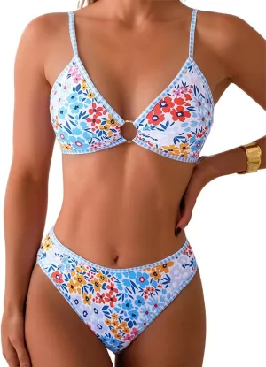 Tainehs Women's Two Piece Bikini Sets O Ring Front Top Ditsy Floral Triangle Swimsuits Cheeky Bathing Suit