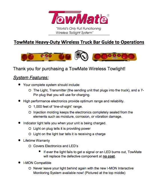 TM36 36" Towmate Heavy Duty Wireless Tow Light