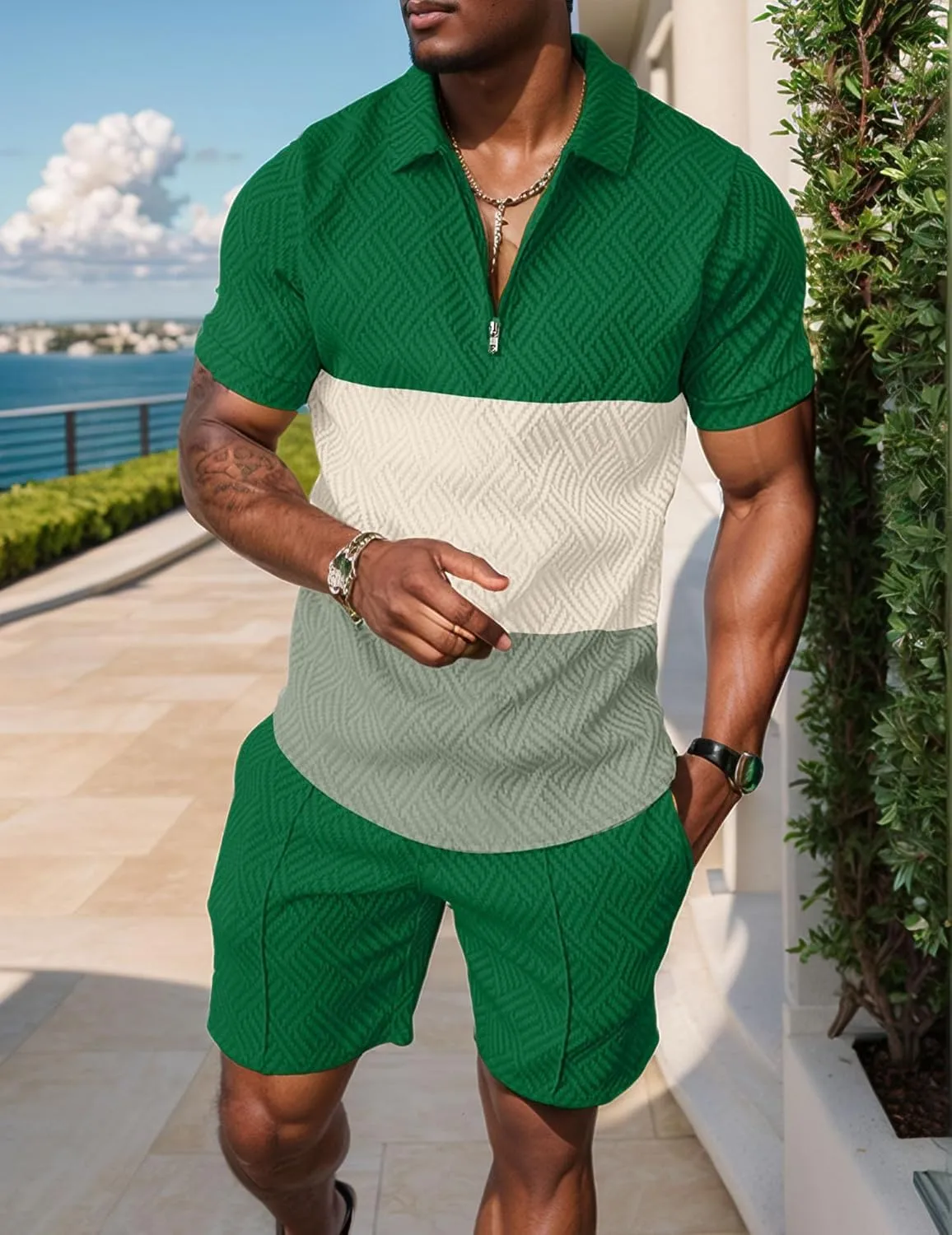 UOUA Mens Summer Track Suits 2 Piece Shorts Sets Short Sleeve Sweatsuit Outfits 1/4 Zip Golf Polo Splicing Striped Shirts