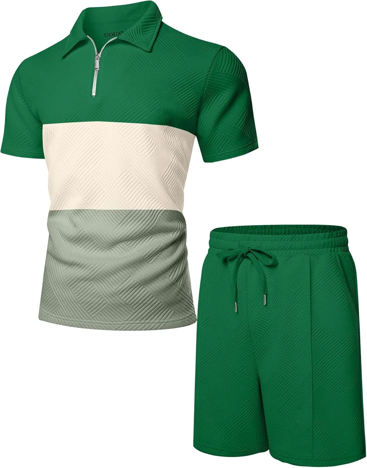 UOUA Mens Summer Track Suits 2 Piece Shorts Sets Short Sleeve Sweatsuit Outfits 1/4 Zip Golf Polo Splicing Striped Shirts