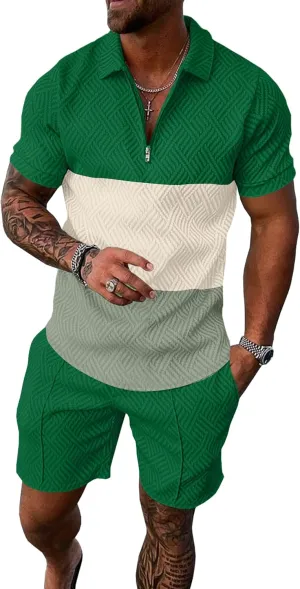 UOUA Mens Summer Track Suits 2 Piece Shorts Sets Short Sleeve Sweatsuit Outfits 1/4 Zip Golf Polo Splicing Striped Shirts