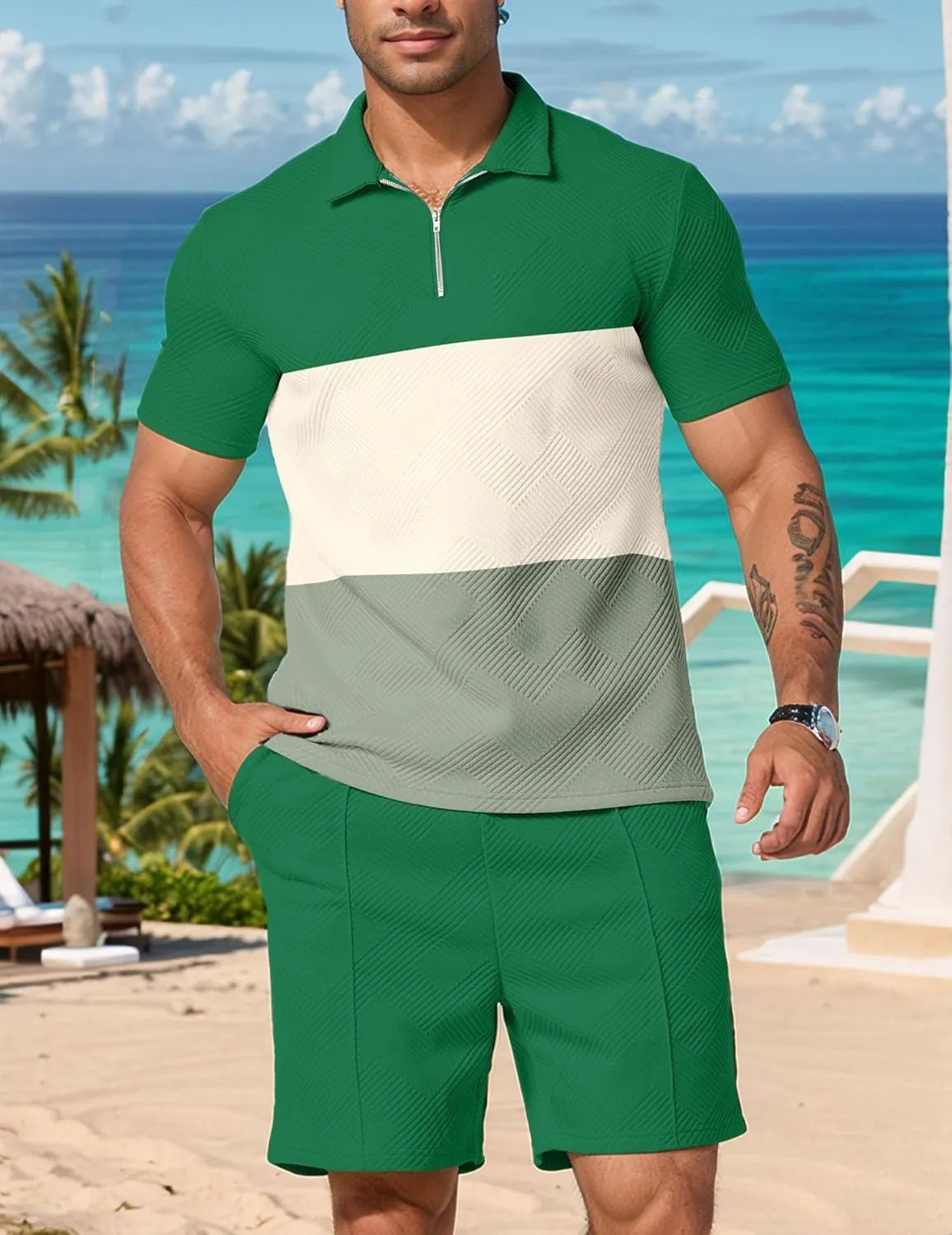 UOUA Mens Summer Track Suits 2 Piece Shorts Sets Short Sleeve Sweatsuit Outfits 1/4 Zip Golf Polo Splicing Striped Shirts