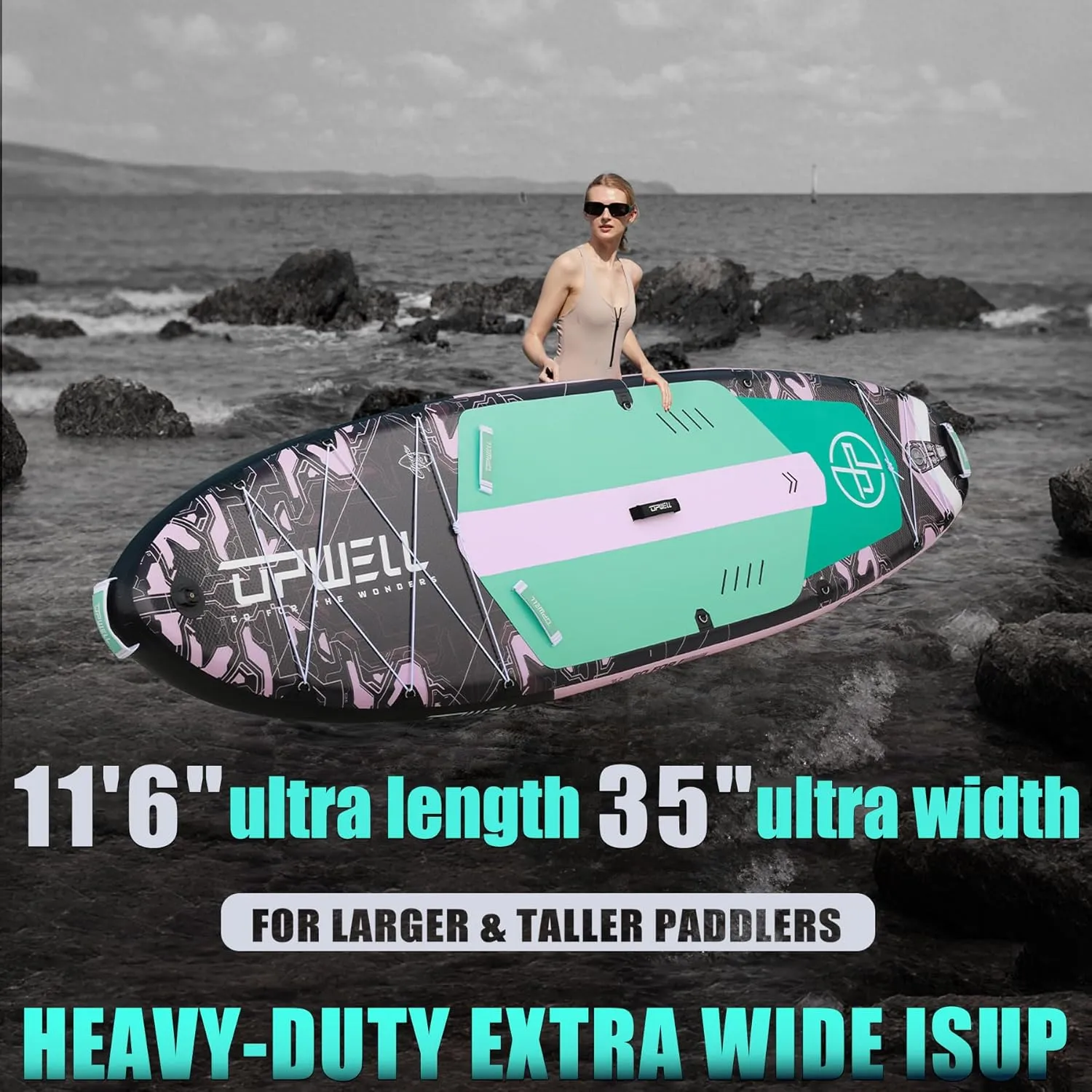 UPWELL 11'6"35" Extra Wide Inflatable Paddle Board, Stand Up Paddle Board for Youth & Adults, Stable Design, Premium SUP Accessories, 120L Backpack, 10L Dry Bag, Paddle, Leash, Hand Pump, US Fins