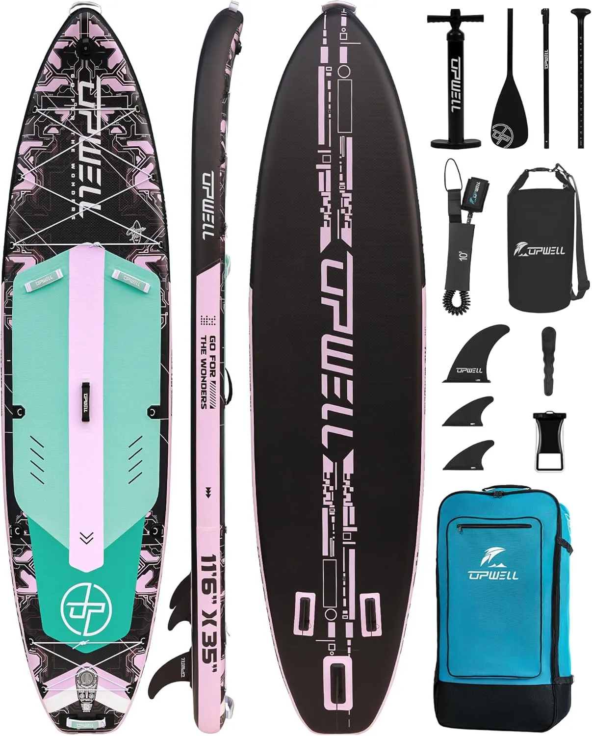 UPWELL 11'6"35" Extra Wide Inflatable Paddle Board, Stand Up Paddle Board for Youth & Adults, Stable Design, Premium SUP Accessories, 120L Backpack, 10L Dry Bag, Paddle, Leash, Hand Pump, US Fins